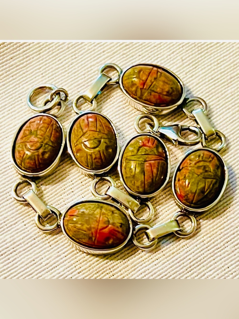 VTG 925 Sterling Hand Carved Authentic Scarab Unakite Gemstones Bracelet